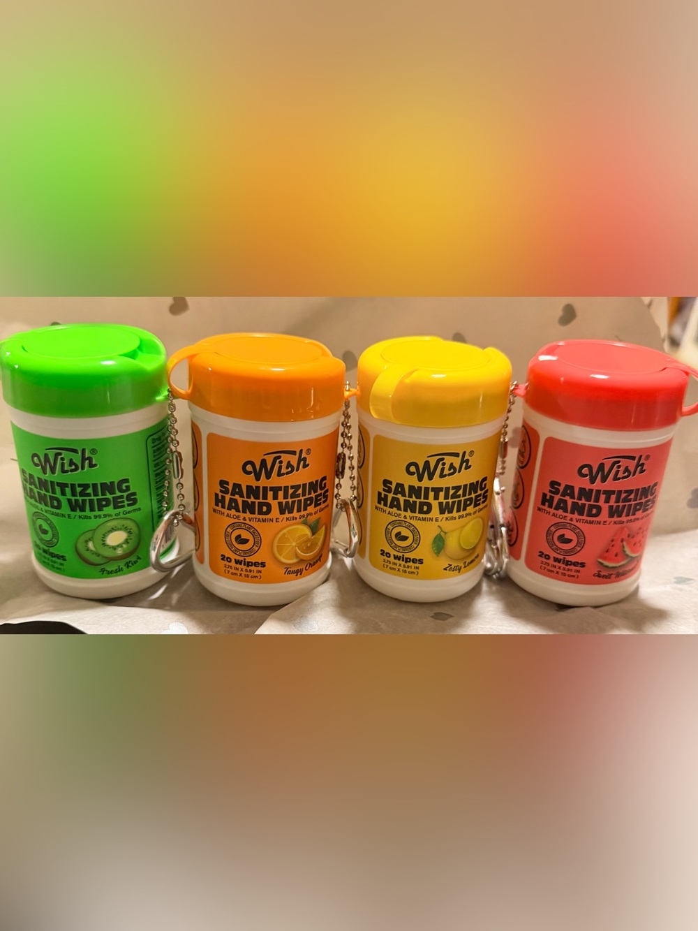 Sanitizing Hand Wipes - Green, Orange, Yellow, Red Keychain Tubs NWT